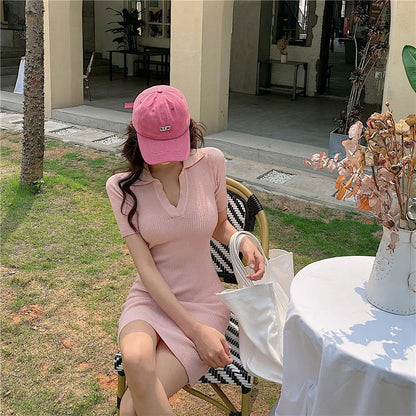 Short Sleeve Dress Women Slim Knitting Female Clothes Summer Streetwear Vacation Casual Soft Sweet Basic Ulzzang Vestidos