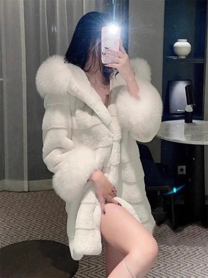 Winter New Environmentally Friendly Rabbit fur fur Coat Women Imitation fox fur Collar Hooded mid Length Fur Plush Mink fur Coat