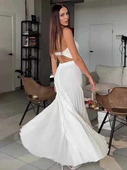 Sexy White Pleated Strapless Dress Women Sleeveless Backless Slim Split Dresses Female 2025 Simmer Lady Party Holiday Robe