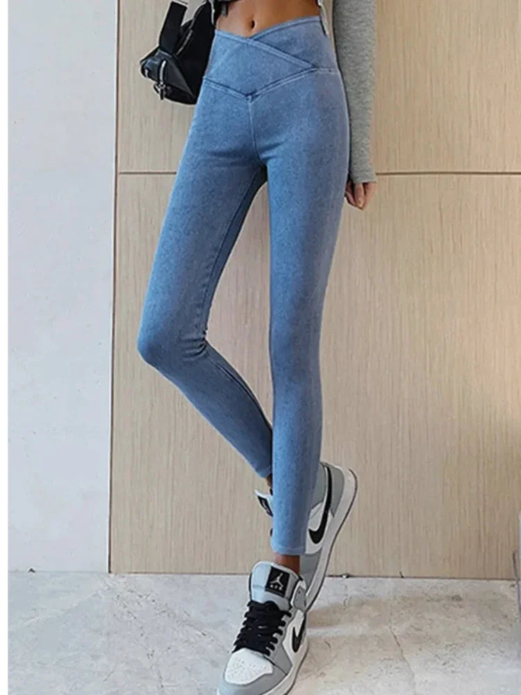 Jeans Women Denim Long Pants Pencil Pant Bodycon High Waist Legging Casual Jogger Elegant Splice Y2k Blue Streetwear Trousers