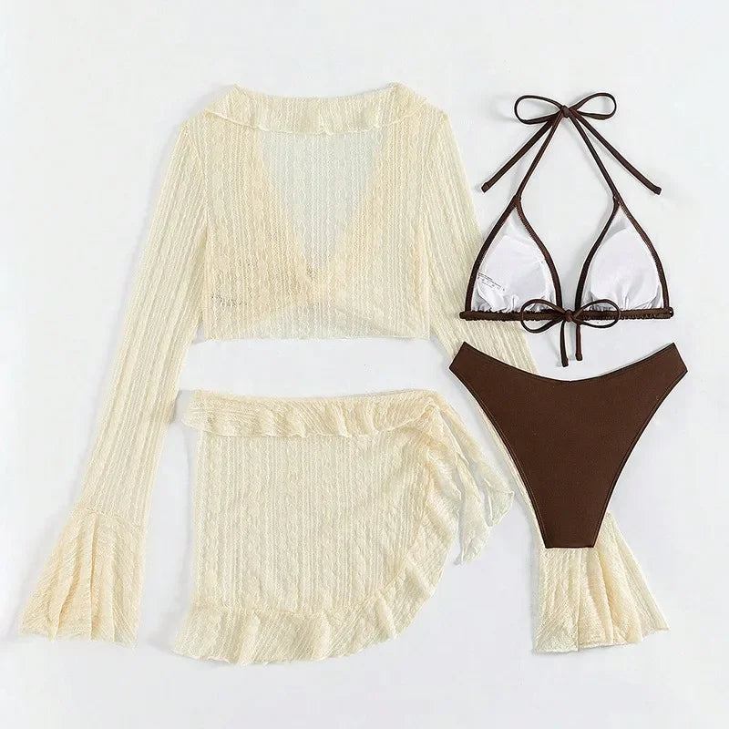 2025 Women Swimsuit Long-sleeve Cover-up Swimwear Sexy Four-piece Summer Solid Bikini Set Brazilian Beachwear Party Bathing Suit