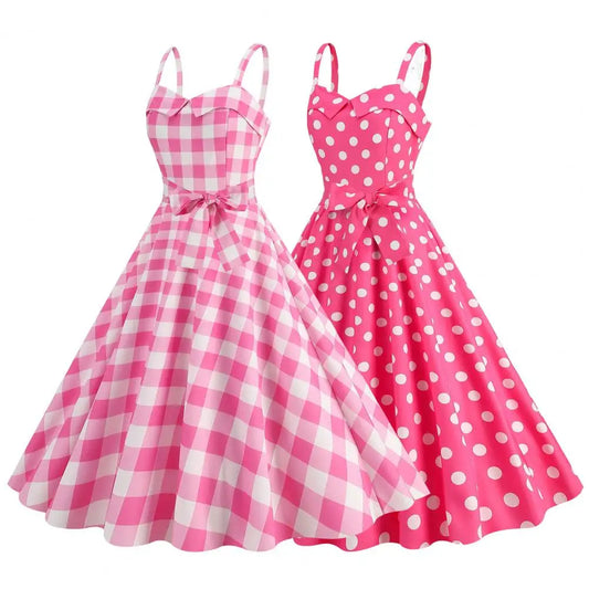Women Vintage Pink Plaid Dress Retro Rockabilly Strap Suspenders Cocktail Party 1950s 40s Swing Dress Summer Dresses