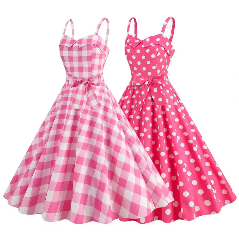 Women Vintage Pink Plaid Dress Retro Rockabilly Strap Suspenders Cocktail Party 1950s 40s Swing Dress Summer Dresses