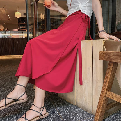 Spring Summer Autumn Beach Skirt Women 9 Colors High Waist Side Tie Casual Wrap Skirt Female Solid Elegant Midi Skirt Clothes