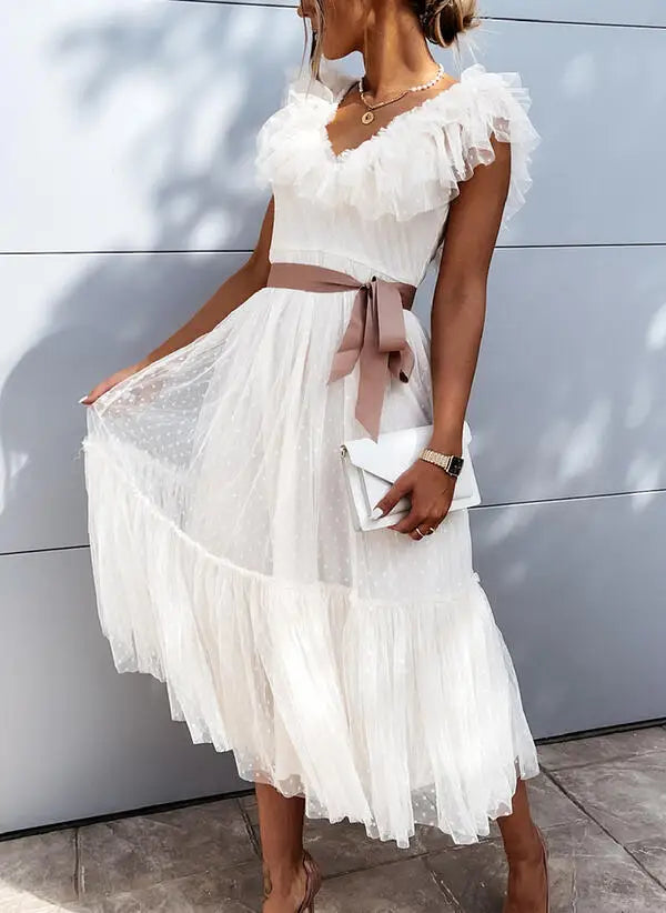 2025 Summer Women's Solid Color V-neck Ruffled Belt Short Sleeve Lace Party Dresses Birthday Dress for Female 3XS-10XL 9XL 8XL