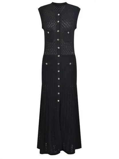 Ladies 2024 Summer Black Sexy Sleeveless O-neck Single Breasted Knit Dress Women Green Elegant Slim Fashion Pleated Long Dresses