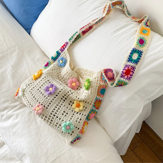 Trendy Large Capacity Boho Tote Bag Floral Crochet Handbag Vintage Multicolor Cut-out Knitted Fashionable Hollow out Handbag