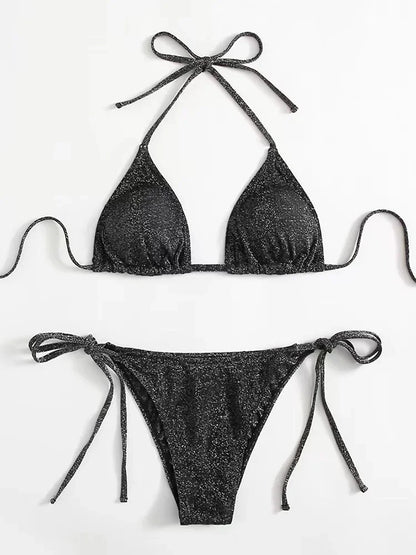 2025Sexy Bikini Set Shiny Triangle Bikinis Bandage Swimsuit Women Two Piece Swimwear Summer Biquini New Beachwear Push Up Bikini