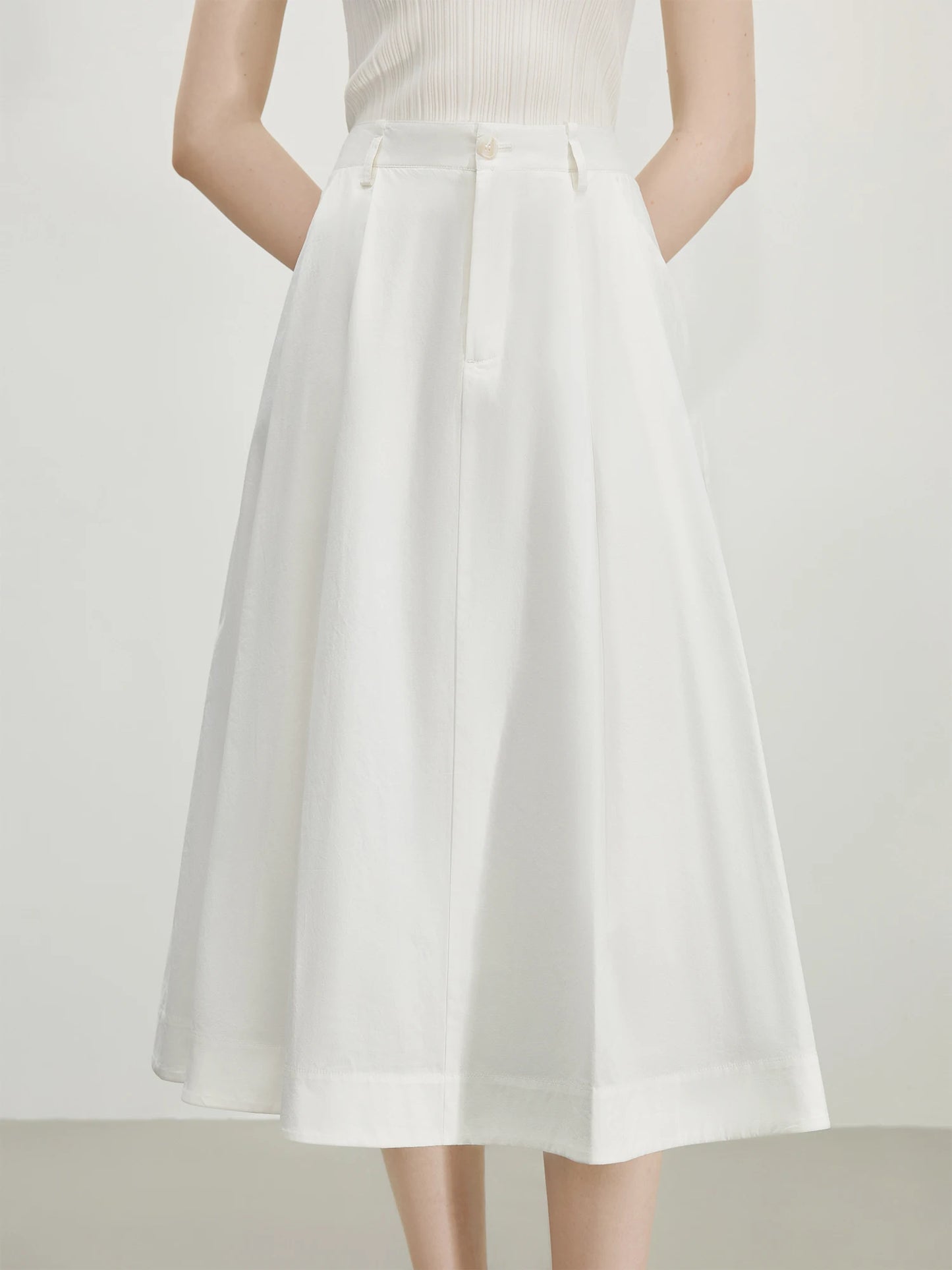 FSLE 2025 Summer French High Waist A-Line Skirt - Office Chic Ivory Midi with Adjustable Waist & Hidden Pockets 25FS12197