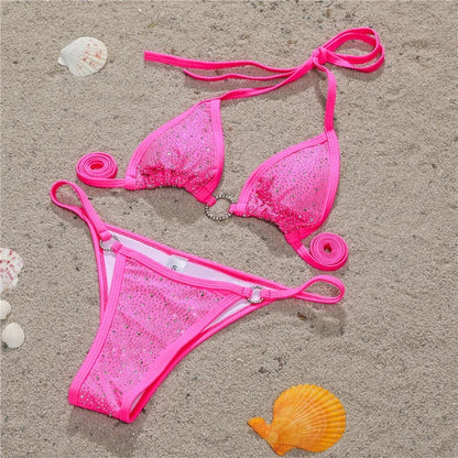 Sexy Halter Shining Rhinestone Bikini Women Swimwear Female Swimsuit Two-pieces Bikini Set Micro Bather Bathing Suit Swim Lady