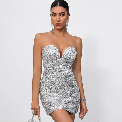 Sexy Shining Backless Short Summer Dress Sequin Birthday Club Elegant Party Evening Dresses Strapless Womens Prom Dresses XSY010