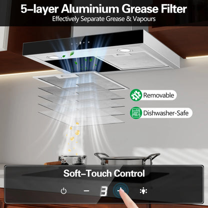 Topstrong 60cm Wall Mounted 400m³/h A+++ LED Touch Control Stainless Steel Extractor Fan Quiet 52dB Kitchen Hood
