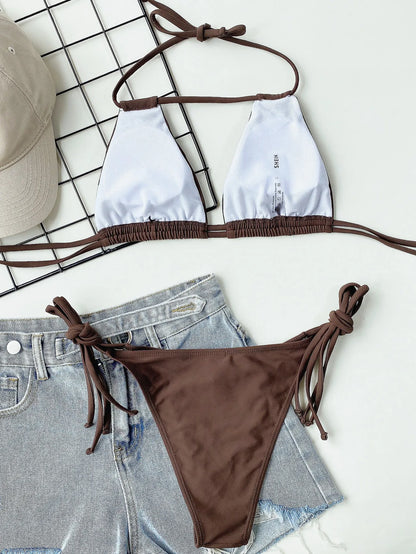 2025 Sexy Solid Bandage Bikini Halter Strappy Swimwear Women Swimsuit Female Two Pieces Bikini Set Low Waist Bathing Suit Bather