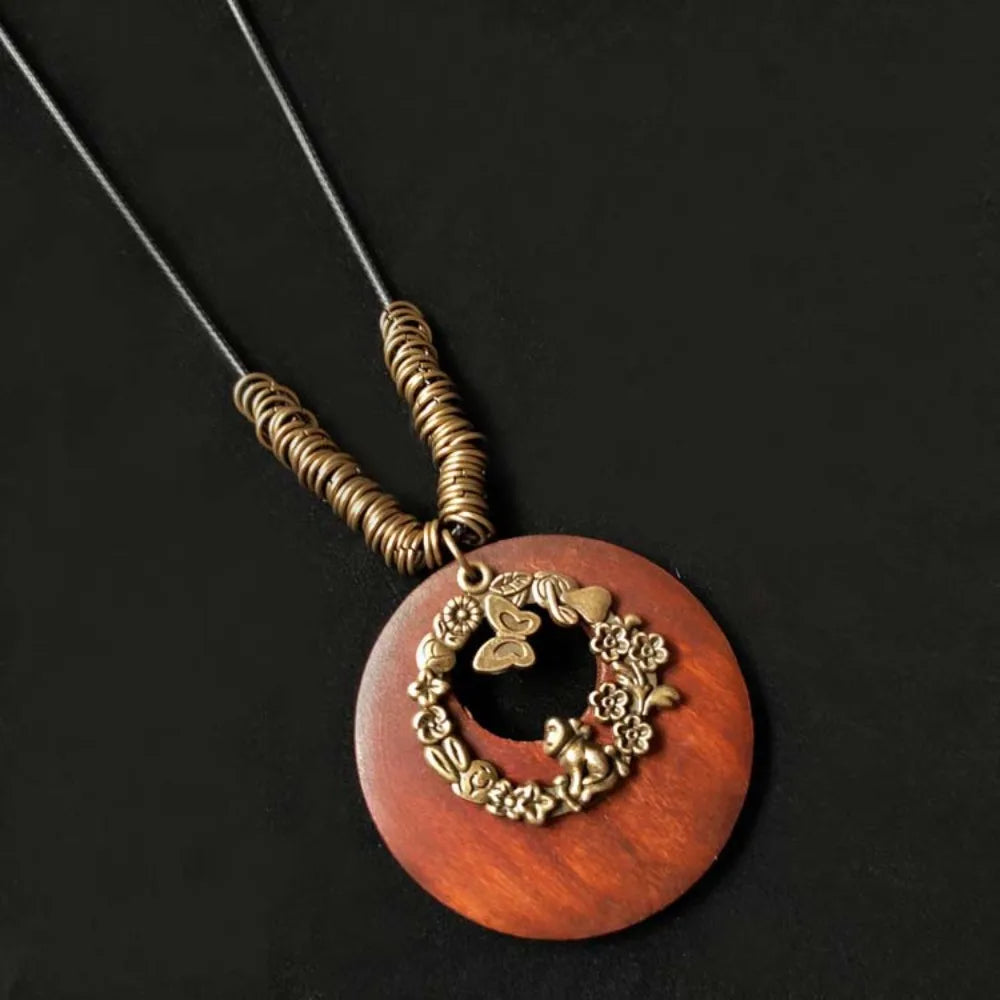 Retro Ethnic Round Wooden Leaf Owl Long Sweater Chain Necklace Women Vintage Clock Pendant Female Jewelry Neck Accessories Gifts