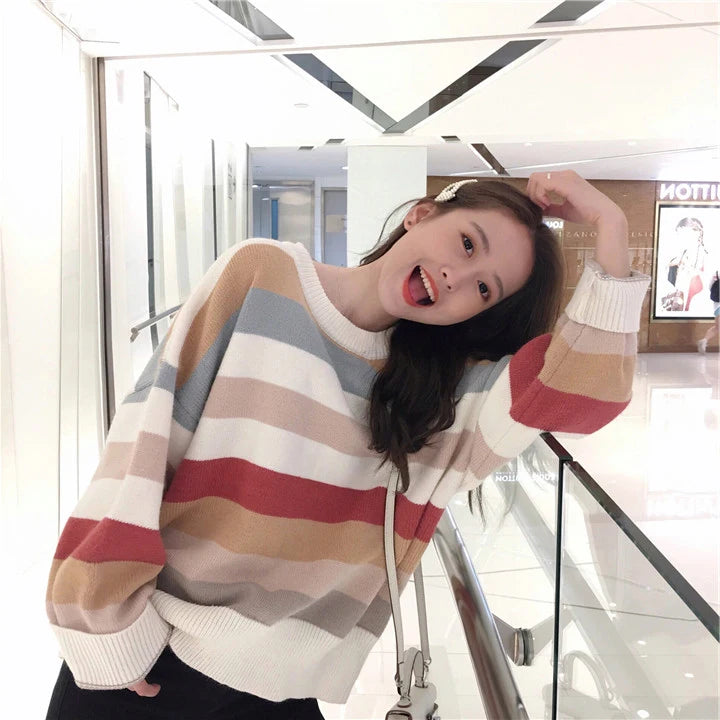Multicolor Striped Crewneck Sweater Knit Pullovers Women Relaxed Fit Cozy Jumper Fall Winter Knitwear