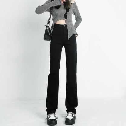 Autumn New Women's Stretch Jeans High Waist Slim Straight Vintage Washed Denim Pants Fashion Korean Street Y2K Female Clothing
