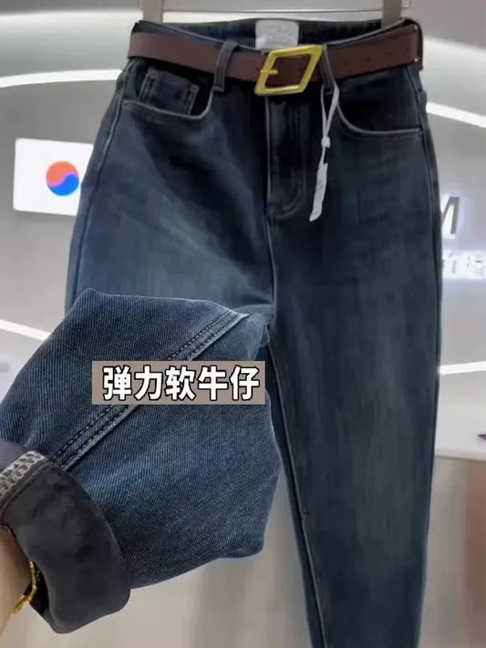 American Vintage Fleece Lined Jeans Women 2025 Fall Winter Thickened High Waist Hips Covering Slim Tapered Dad Pants