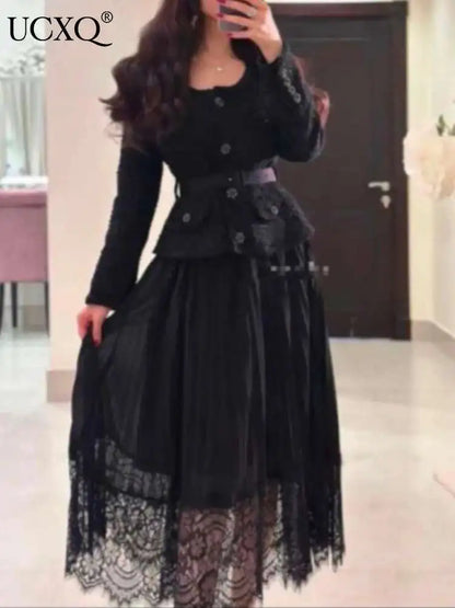 UCXQ Vintage Beading Buttons O-neck Black Dress With Belt Summer 2023 Women Evening Dresses Ladies Wedding Party Clothes Tide