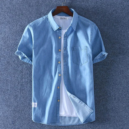 Schinteon Summer Men 100% Slub Cotton Shirt Short Sleeve Thin Slim Casual Denim Comfortable Shirt Two Front Pockets