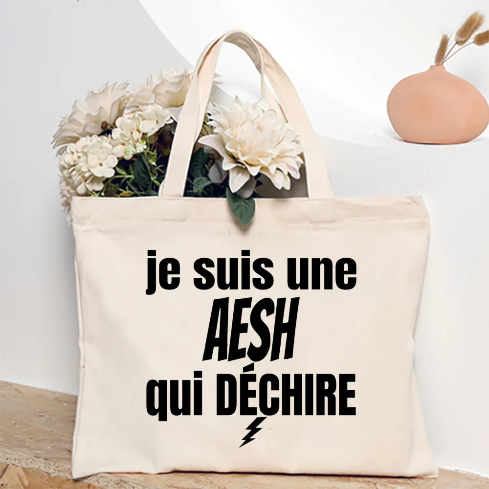 Merci Aesh French Printed Women Tote Bag Canvas Shopping Bags Female Shoudler Bag  Travel Handbag Graduate Thanks Gift for Aesh