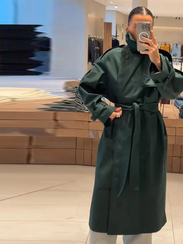 Chic Women's Long Trench Coat Stylish Stand Collar Belted Loose Windbreaker Outerwear Autumn New Dark Green Maxi Overcoat Outfit