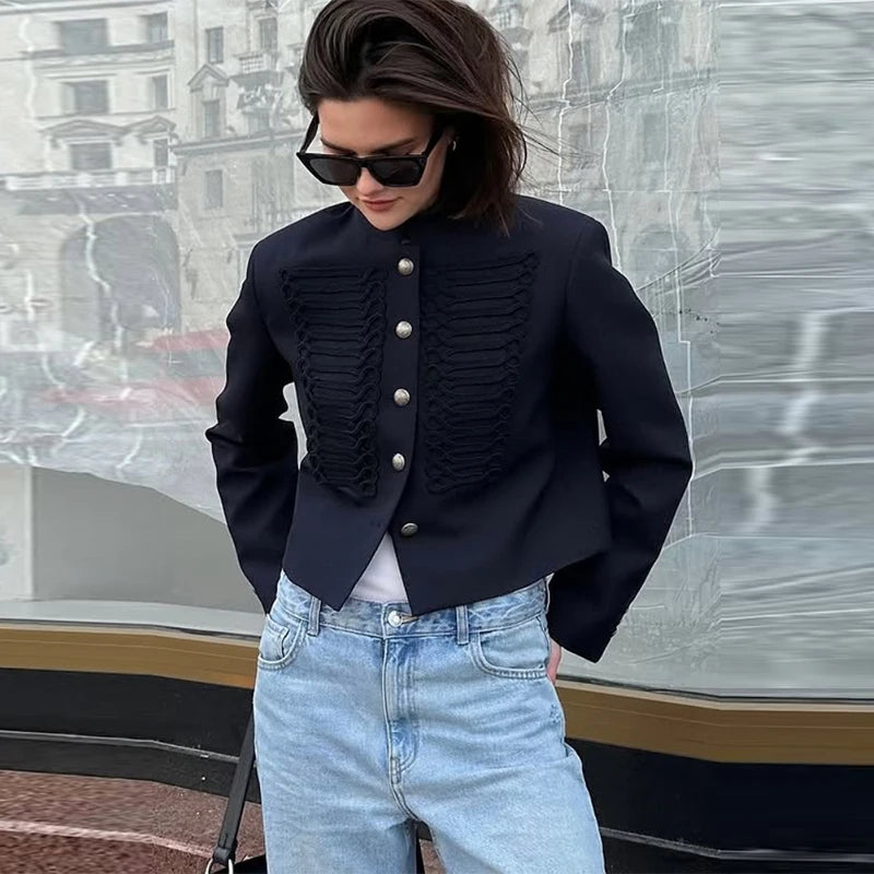 Vintage Cropped Napoleon Jacket Women Solid O-neck Long Sleeve Single Breasted Jackets Female 2026 Spring Lady Chic Outwear New