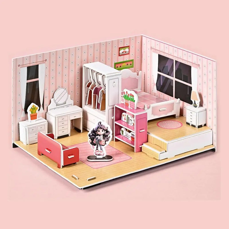 Bedroom DIY Puzzle Dollhouse Room Kitchen Bathroom Pretend Play Paper Doll House Living Room Cardboard 3D Paper Puzzle Room