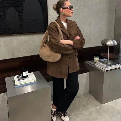 Talenza Vintage Women's Suede Leather Jacket Single Breasted Lapel Brown Blazer Loose Coats 2025 Autumn Office Lady Outerwears