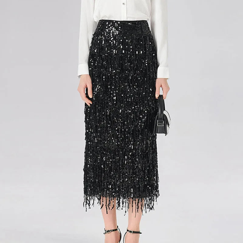 Stylish Glitter Sequined Sparkly Evening Skirts Elegant 2026 Spring High Waist Slim Split Tassel Skirt Summer Sexy Women's Skirt