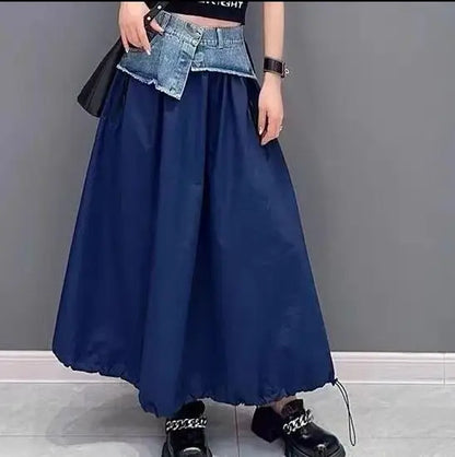 2024 New Arrival Spring/summer Korean Style Women Loose Casual Cotton Denim Patchwork A-line Mid-calf Elastic Waist Skirt P03