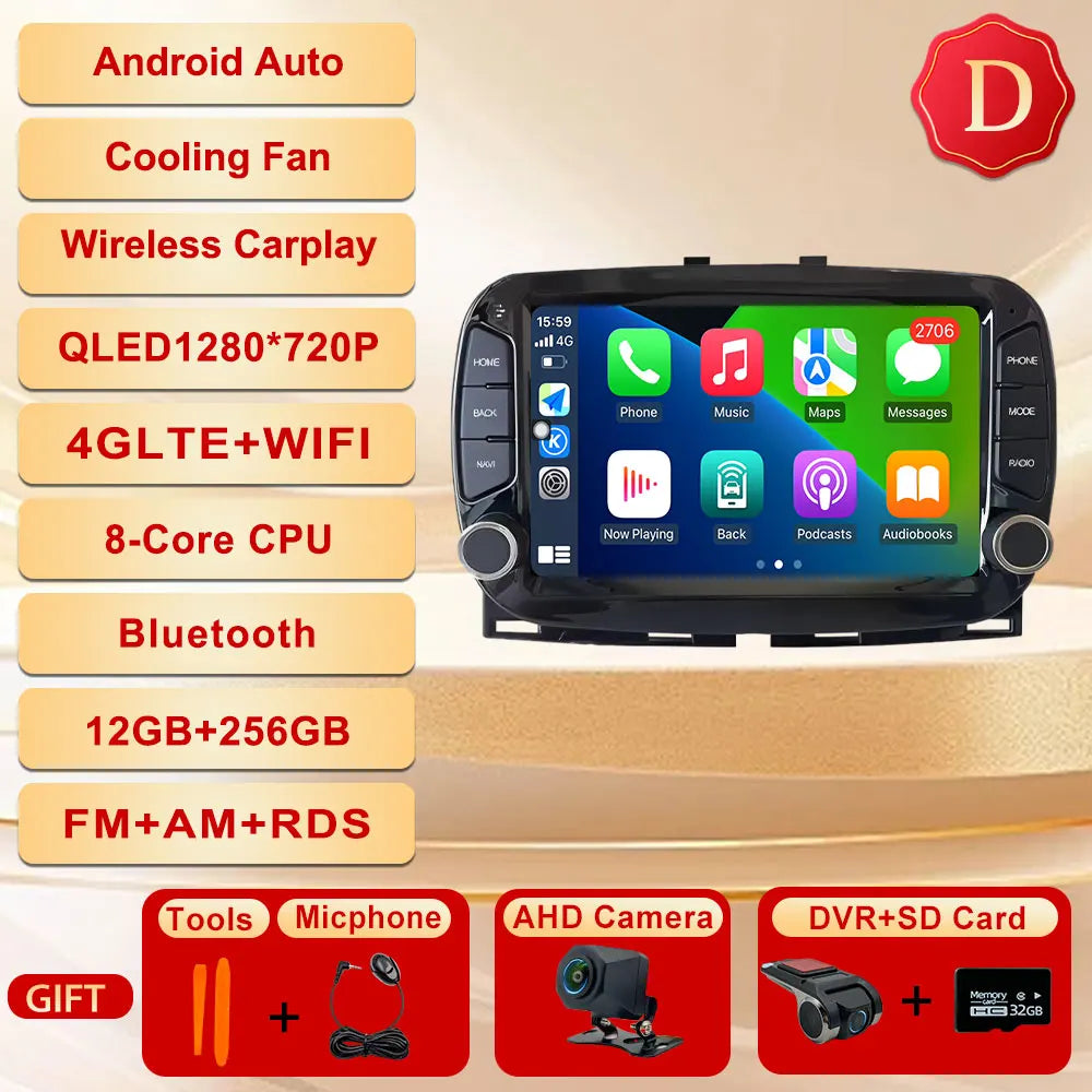 GPS Navigation Android 15 Auto Carplay 7" For FIAT 500 2016 - 2019 Stereo Multimedia Player 4G WIFI Bluetooth DSP 360 Camera