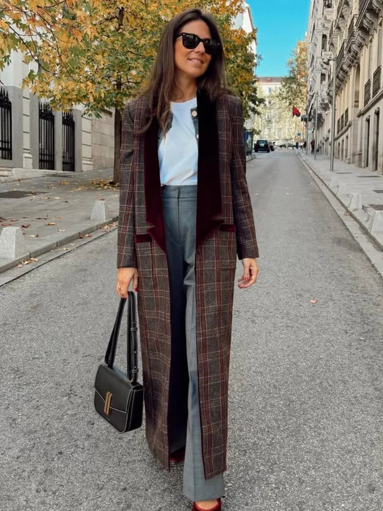 Woolen Plaid Long Coat Women Turn-down Collar Loose Long Sleeve Button Elegant Outwear Female Thicken 2025 Spring Street Jacket