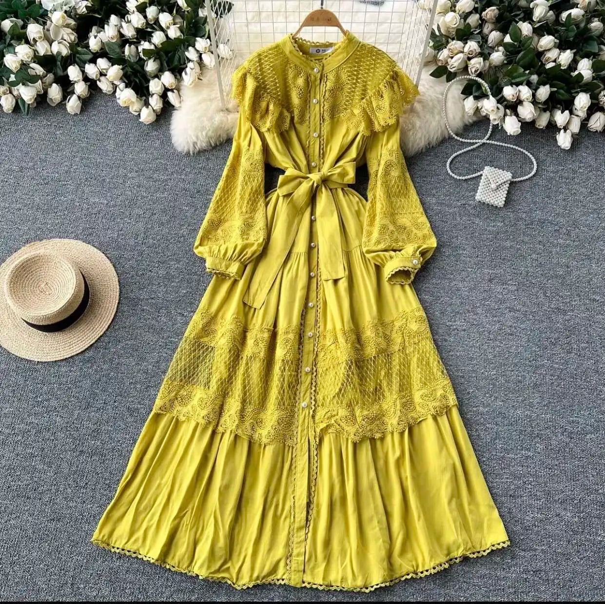 LGRQ For Women's Lace-up Single Breasted Lace Dress Fashion Hollow Out Bead Button Round Neck Dresses 2025 Autumn New Clothing
