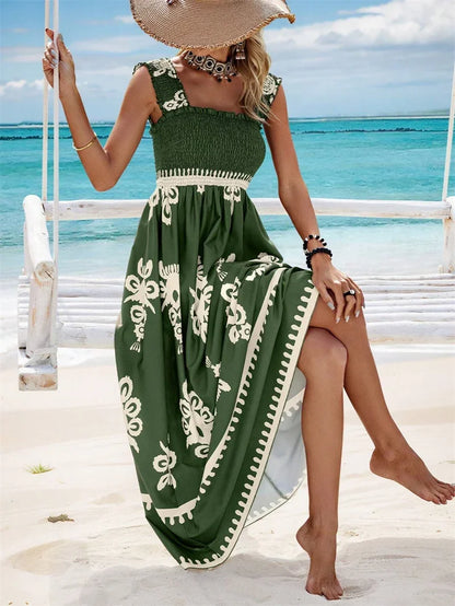 Women New Backless Suspenders Dresses Vintage Print Elastic Pleated Wrap Bust Long Gown Female Comfortable Vacation Casual Dress