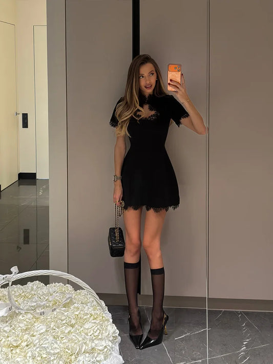 Lace Patchwork Hollow Out Bodycon Sheath High Collar Women Dresses Half Sleeves Outfits Sexy Club Fashion Female Mini Vestidos