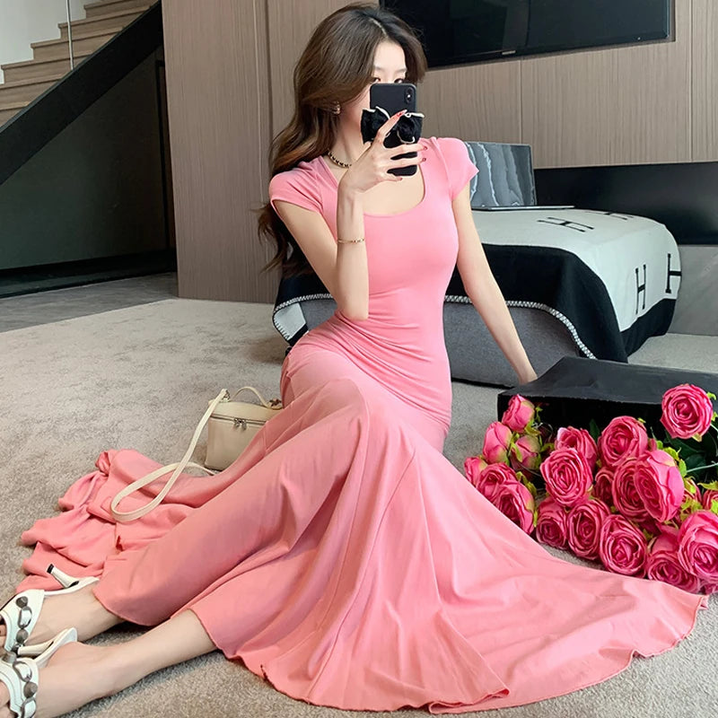 Summer Fashion Elegant Vacation Beach Mermaid Long Dress Women Clothes Sweet Short Sleeve Skinny Party Prom Vestidos Robe Femme