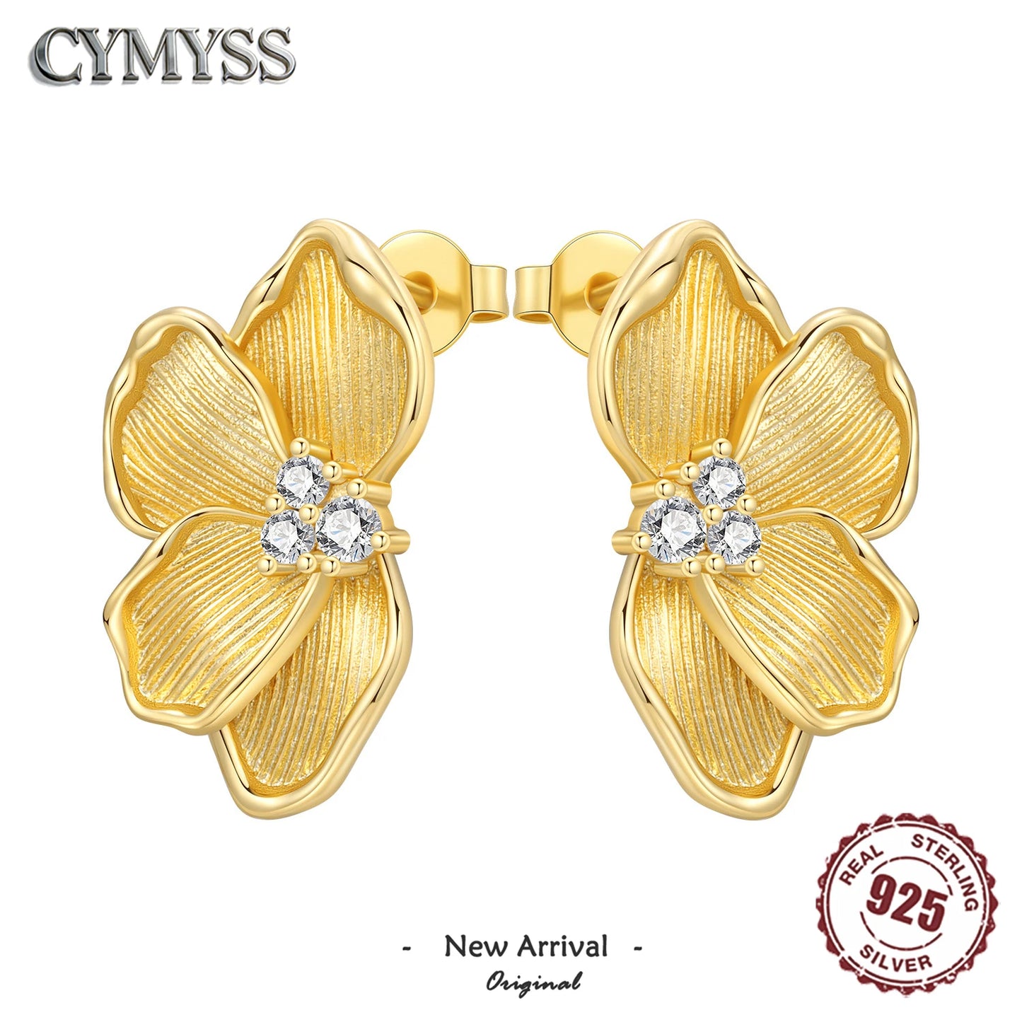 Original 925 Sterling Silver Fashion Zircon 18K Golden Petal Stud Earrings for Women Birthday Party Accessories Gifts Jewellery