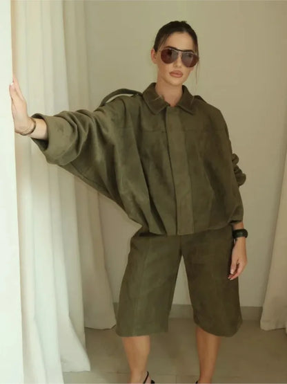 Vintage Faux Suede Short Jackets For Women Zipper Fashion Loose Bomber Jacket Coat Autumn Winter 2025 New Chic Casual Outerwears