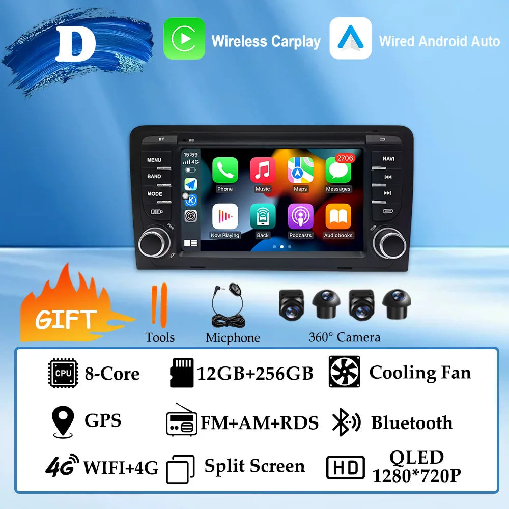 GPS Navigation 7 inch 4G Wifi Car Radio Android 16 for Audi A3 8P 2003-2011 S3 RS3 Sportback CarPlay Multimedia Player Video DSP