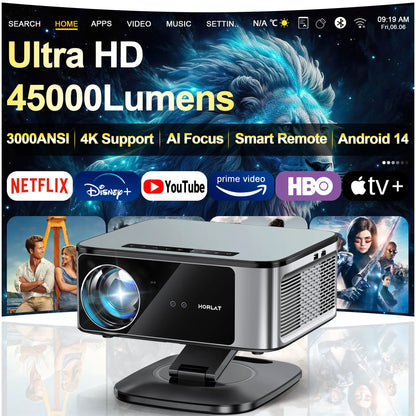 2026 HORLAT 45000 Lumens 4K Ultra HD Projector TOF Focus Android 14 WiFi 6 1080P Full HD Daylight Home Theater Movie Projector