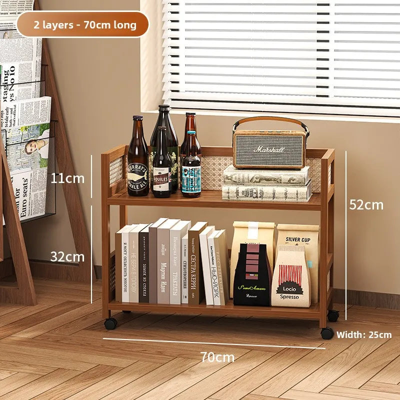 Wooden antique style coffee table, mobile coffee table, sofa side table, cart with pulley storage rack, rattan fence decoration
