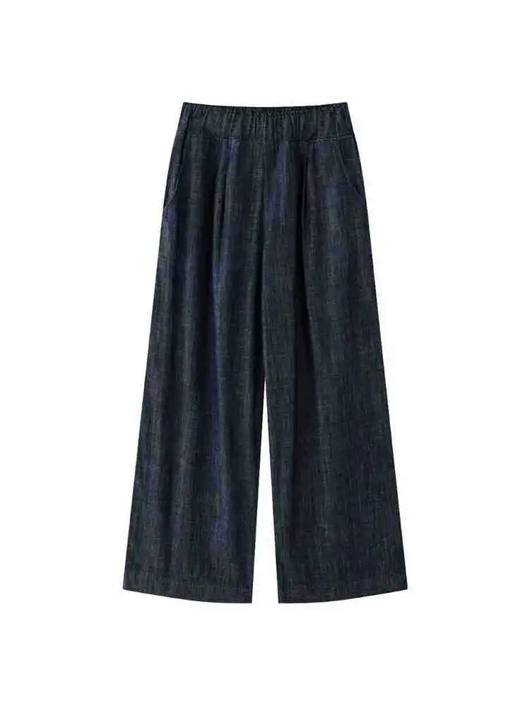 [LANMREM] Vintage Elastic High Waist Jeans For Women Straight Wide Leg Denim Pants Sunscreen Trousers 2025 Summer New 26D9421