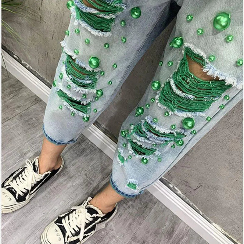 Spring Summer Hole Plus Size Jiufen Jeans Fashion Harem Pants Light Blue Loose Slim Flower Casual Temperament  Denim Pants