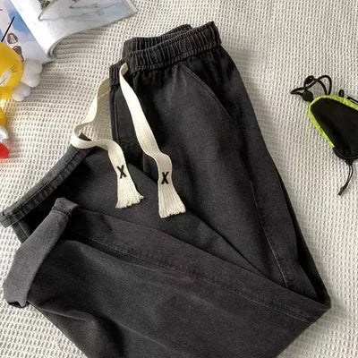 Thiened Fce Dstring Jeans Women's Winter New Sle Warm Straight Leg Loose Wide Leg High Waist Jeans Cotton Stretch D...