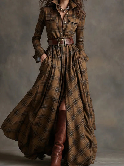 New Women's Lapel Plaid Printing Slim Fit Dress Autumn Long Sleeve Fashion Chic Party Dress with Buttons Elegant Ladies Dresses