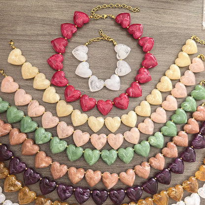 Big Love Heart Necklace Women Choker Statement Bracelet Gold Color Acrylic Beads Stainless Steel PVD Waterproof White Beige Red
