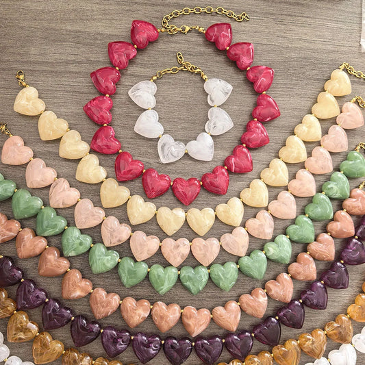 Big Love Heart Necklace Women Choker Statement Bracelet Gold Color Acrylic Beads Stainless Steel PVD Waterproof White Beige Red