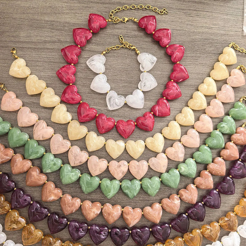 Big Love Heart Necklace Women Choker Statement Bracelet Gold Color Acrylic Beads Stainless Steel PVD Waterproof White Beige Red