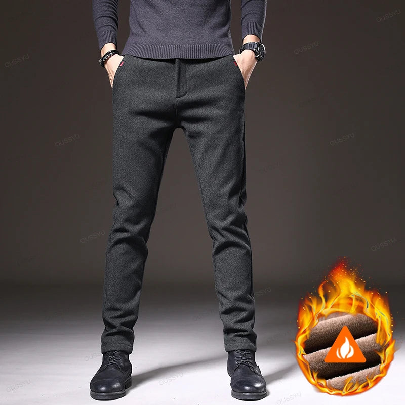 Winter Fleece Warm Brushed Fabric Men's Casual Pants Outdoors Business Thick Cotton Flocking Plush Black Grey Blue Trousers Male