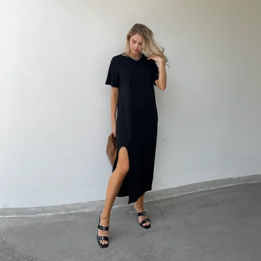 2024 Summer Fashion Split Women T shirt Dress Black Basic Simple Dresses